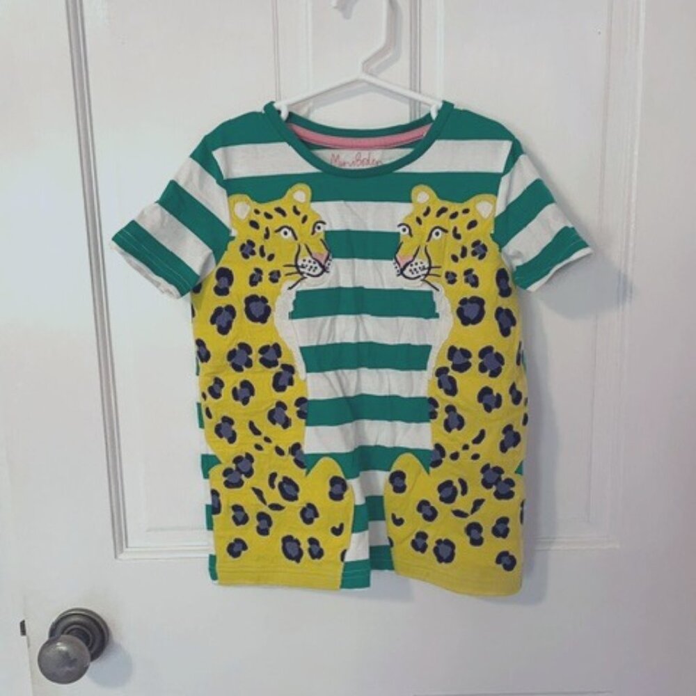 Boden Cheetah T shirt, green stripe, size 6-7